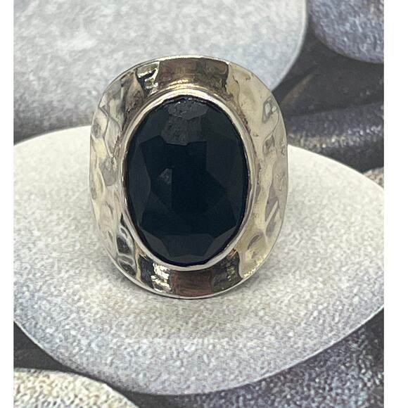 VINTAGE STERLING SILVER AVI SOFFER ISRAEL BLACK ONYX HAMMERED RING 10 - Picture 2 of 7